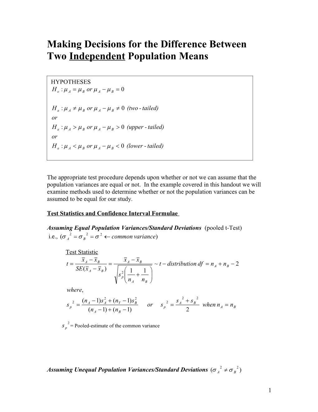 Test Statistics and Confidence Interval Formulae