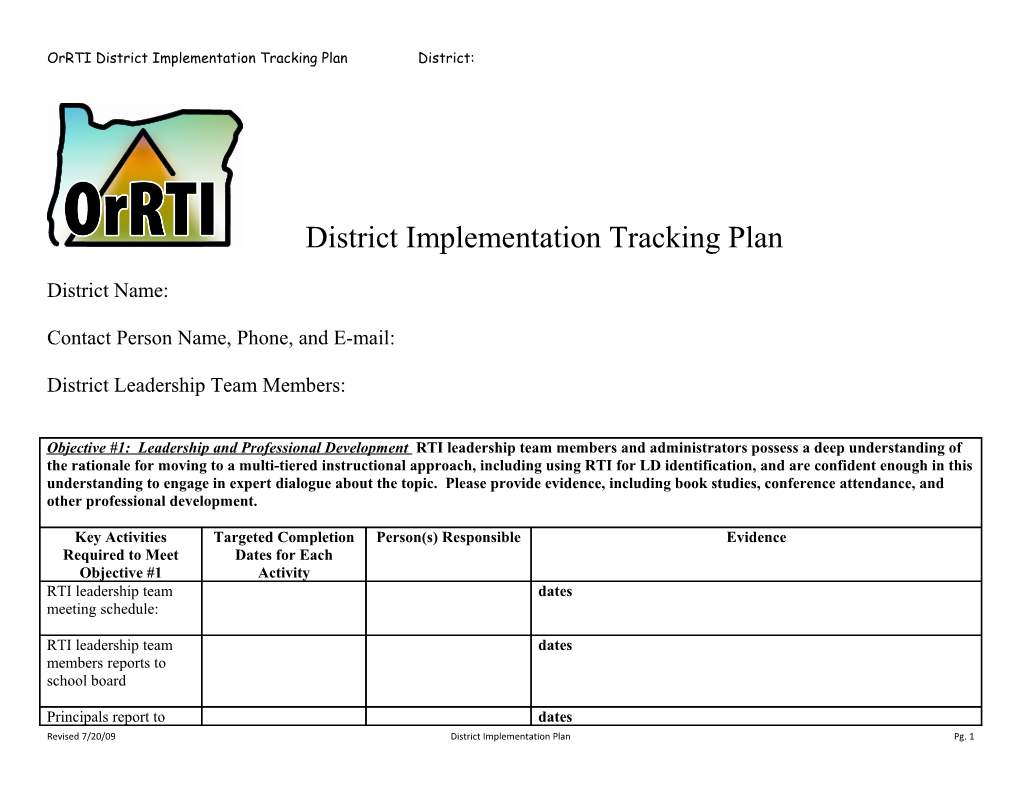 Orrti District Implementation Tracking Plan District