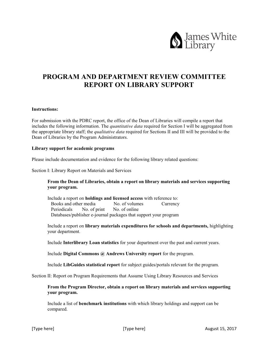 Program and Department Review Committee Report on Library Support