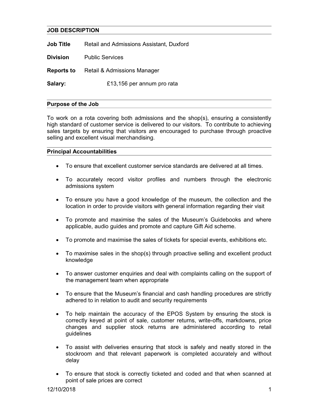 Job Titleretail and Admissions Assistant, Duxford