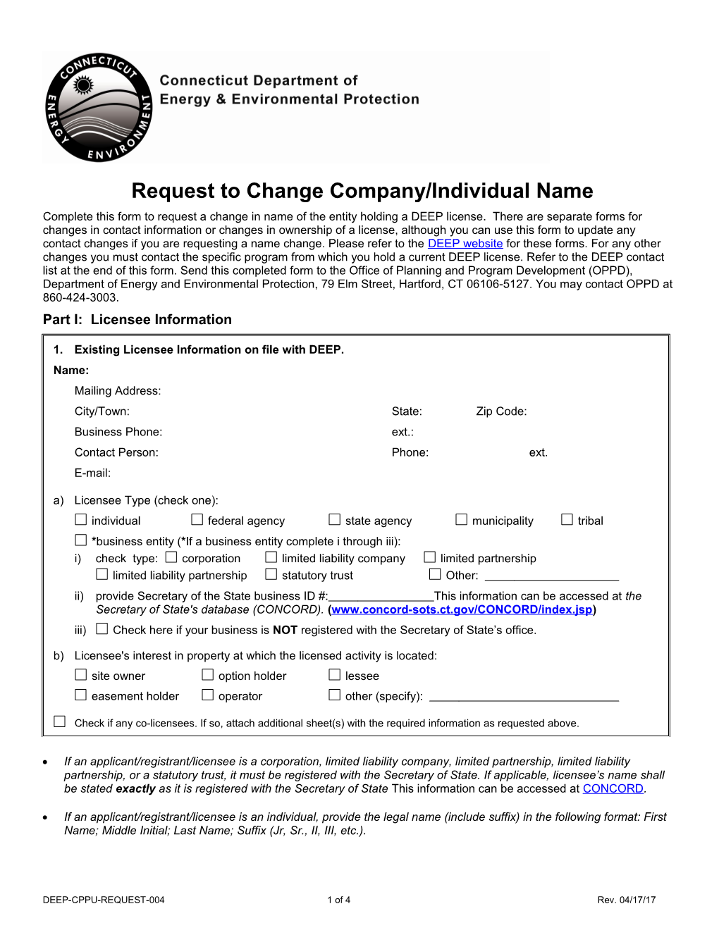 Request to Change Company/Individual Name