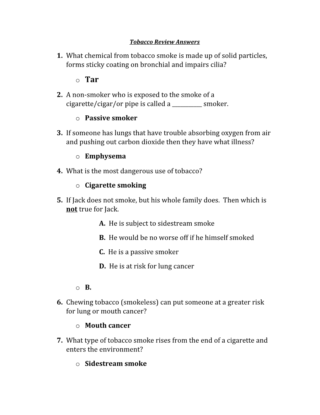 Tobacco Review Answers