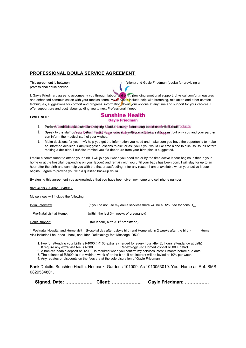 Professional Doula Service Agreement