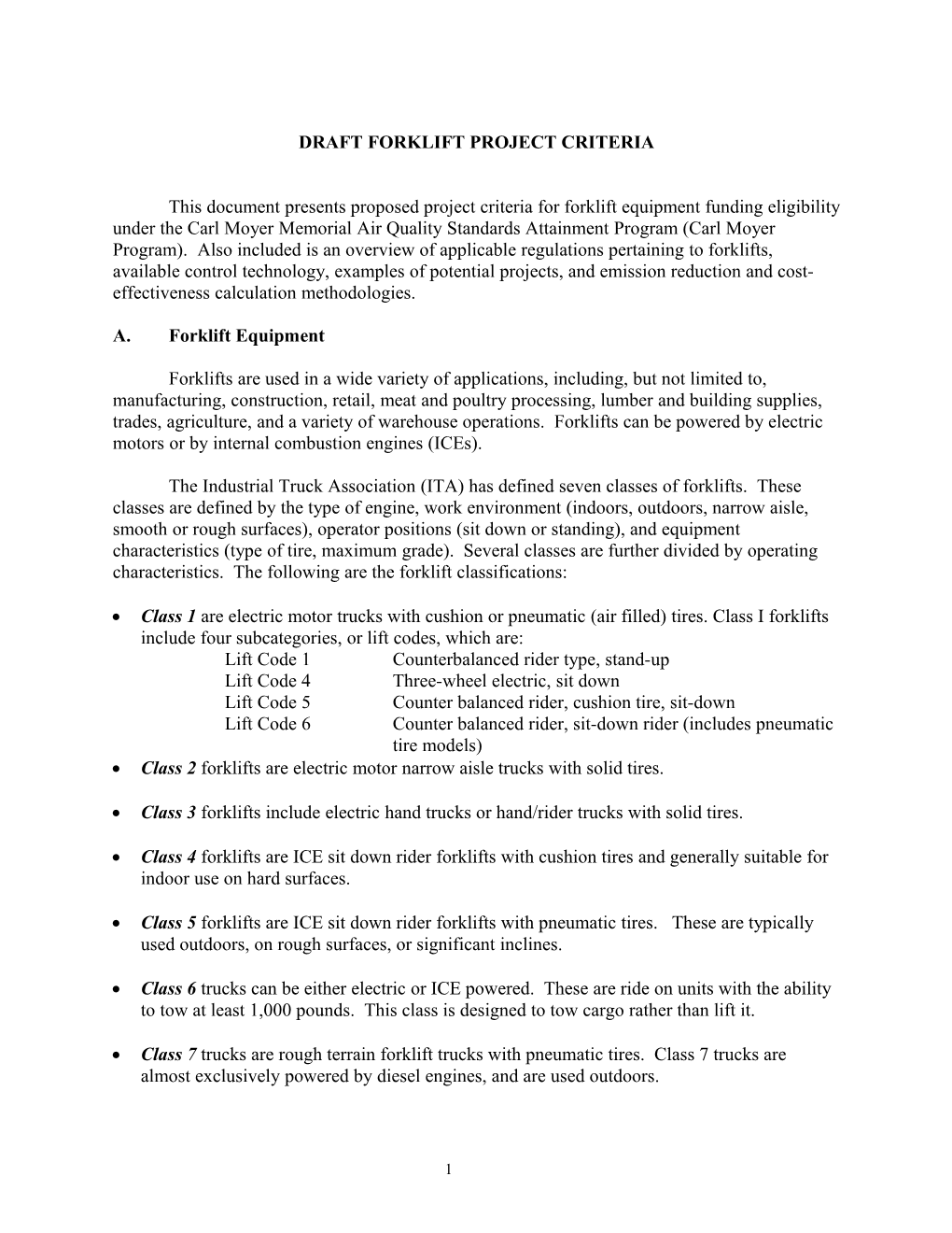 Draft Forklift Project Criteria