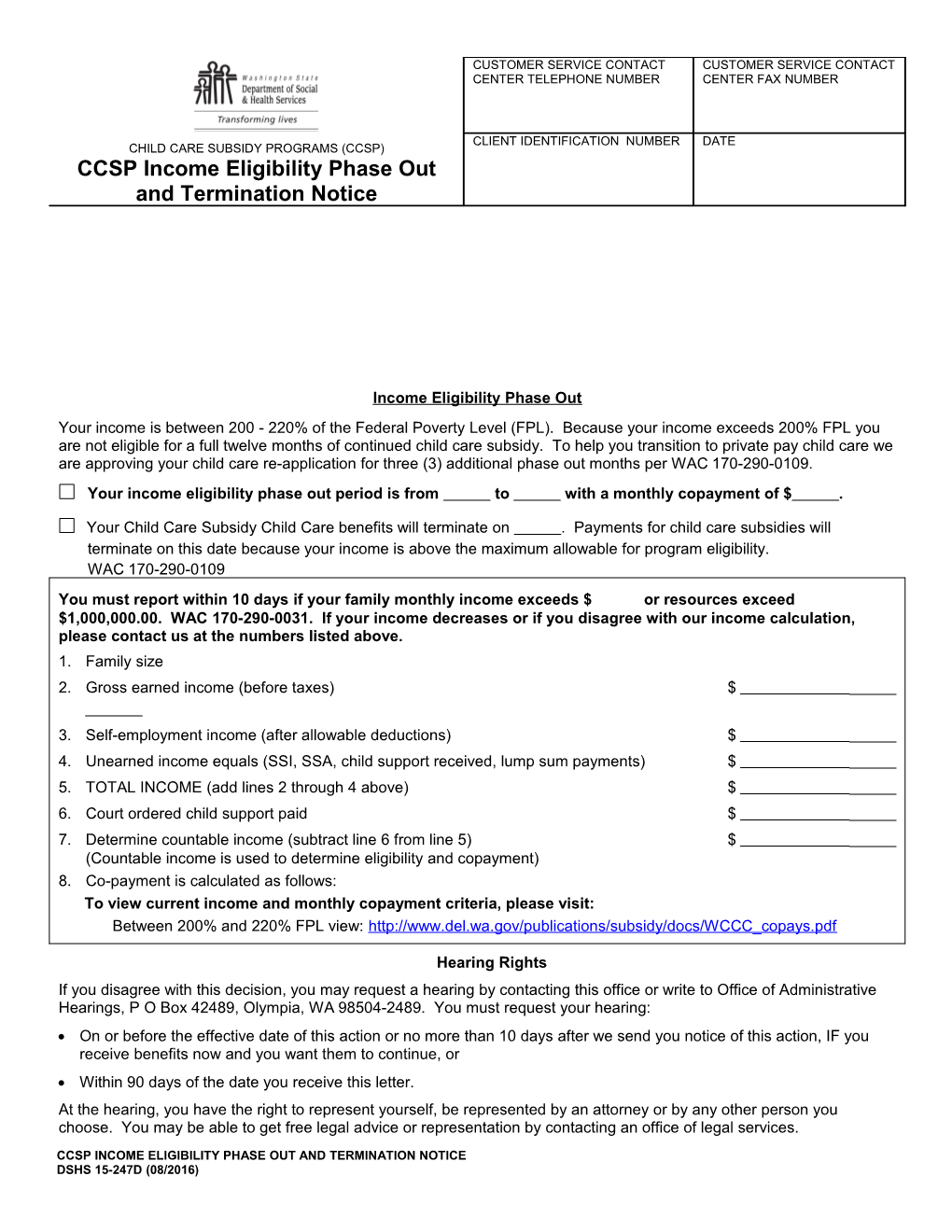 CCSP Income Eligibility Phase out and Termination Notice