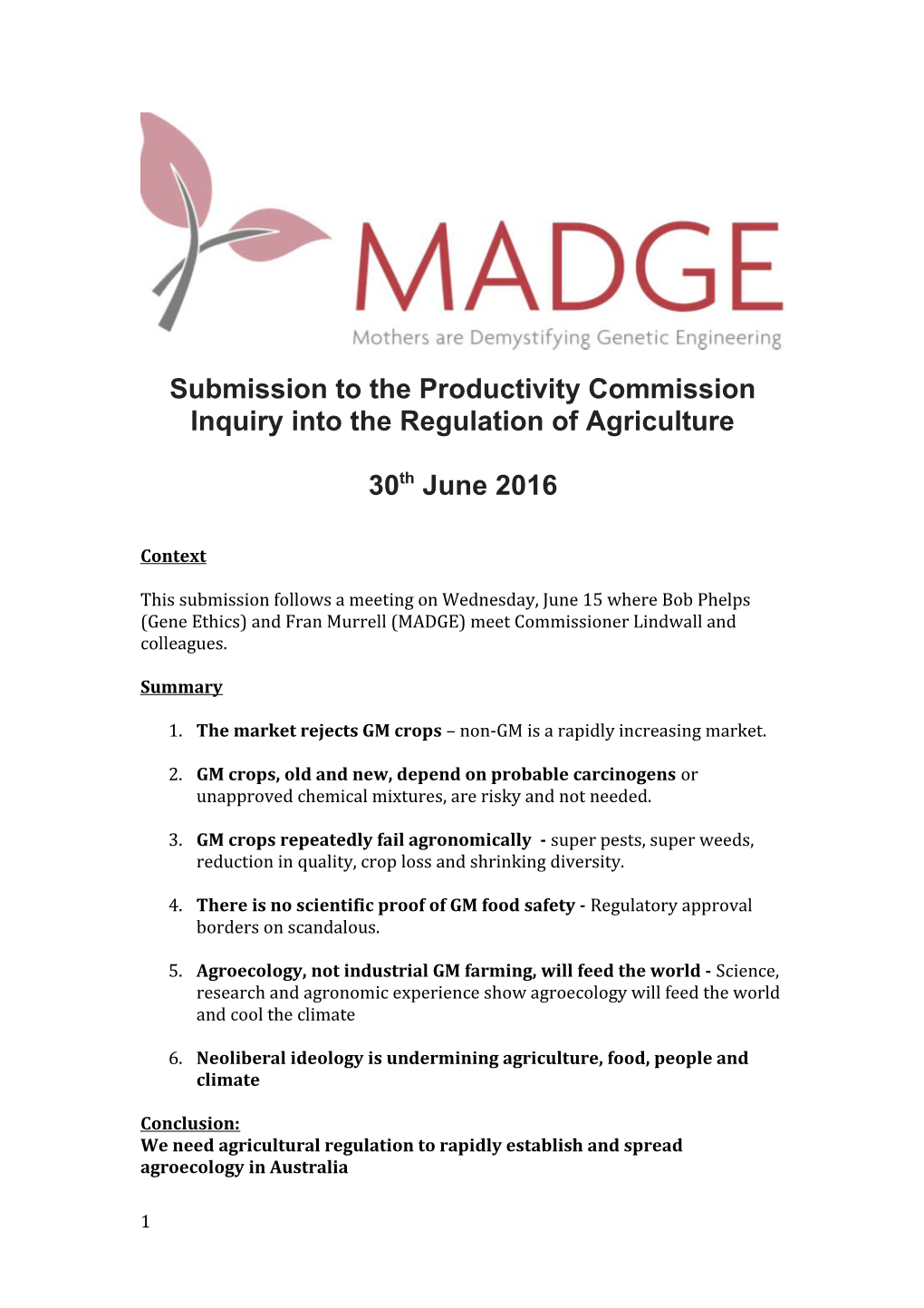 Submission 92 - MADGE - Regulation of Agriculture - Public Inquiry