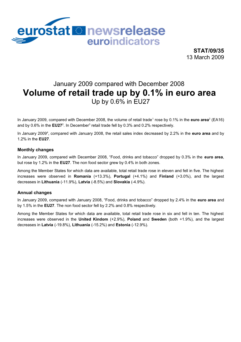 January 2009 Compared with December 2008 Volume of Retail Trade up by 0.1% in Euro Area