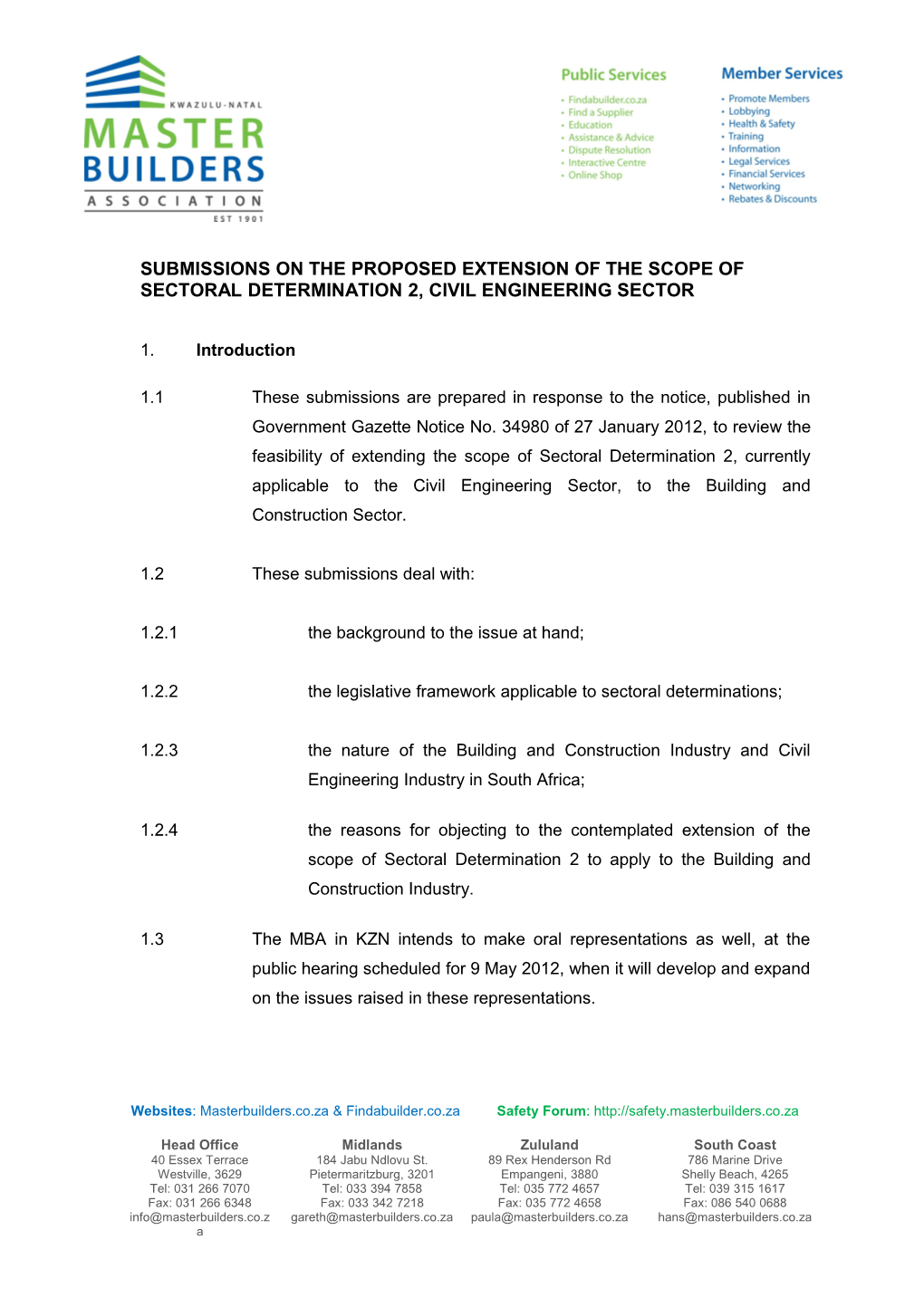 Submissions on the Proposed Extension of the Scope of Sectoral Determination 2, Civil