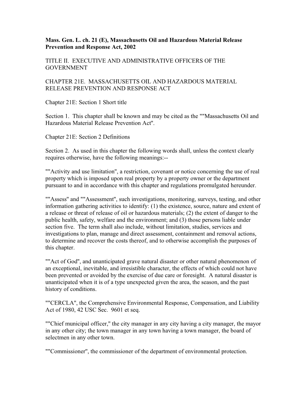 Mass. Gen. L. Ch. 21 (E), Massachusetts Oil and Hazardous Material Release Prevention