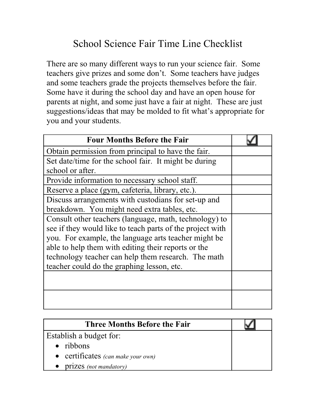 Science Fair Time Line Checklist