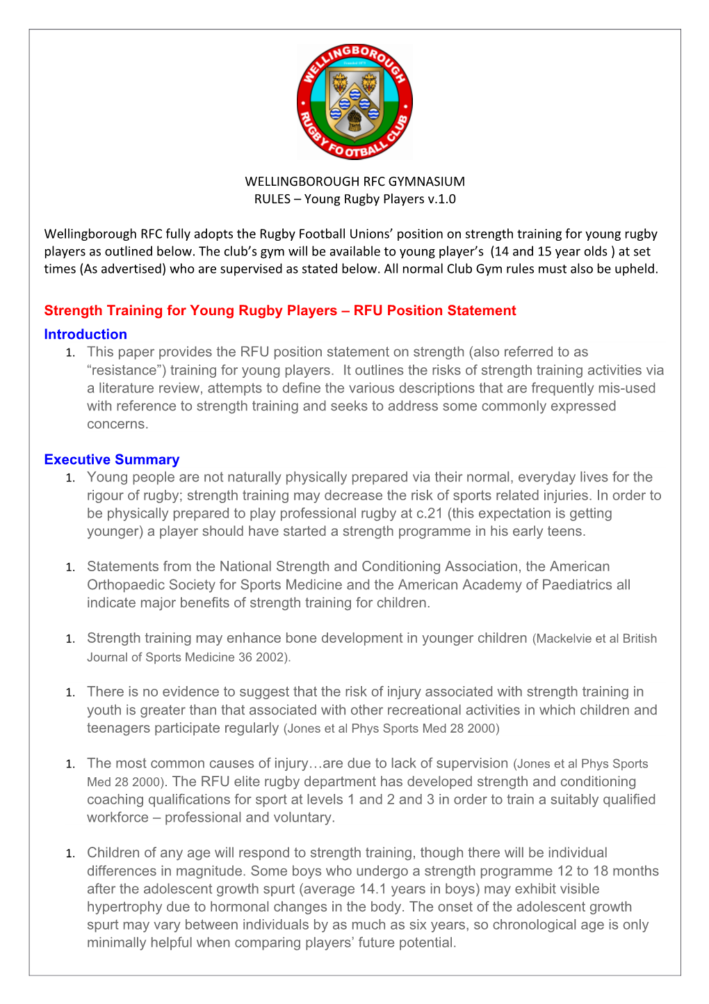 Strength Training for Young Rugby Players RFU Position Statement