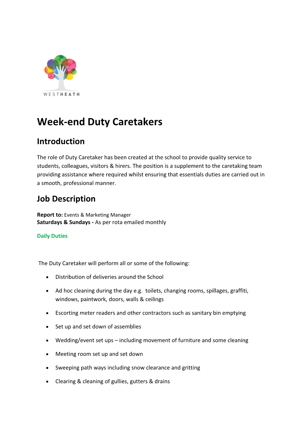 Week-End Duty Caretakers