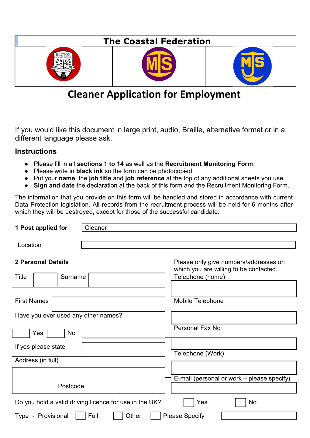 Cleaner Application for Employment