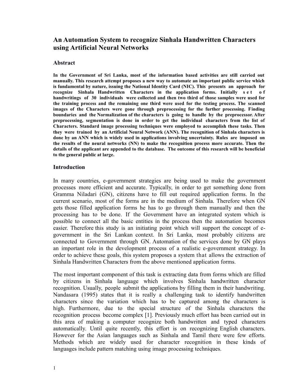 An Automation System to Recognize Sinhala Handwritten Characters Using Artificial Neural