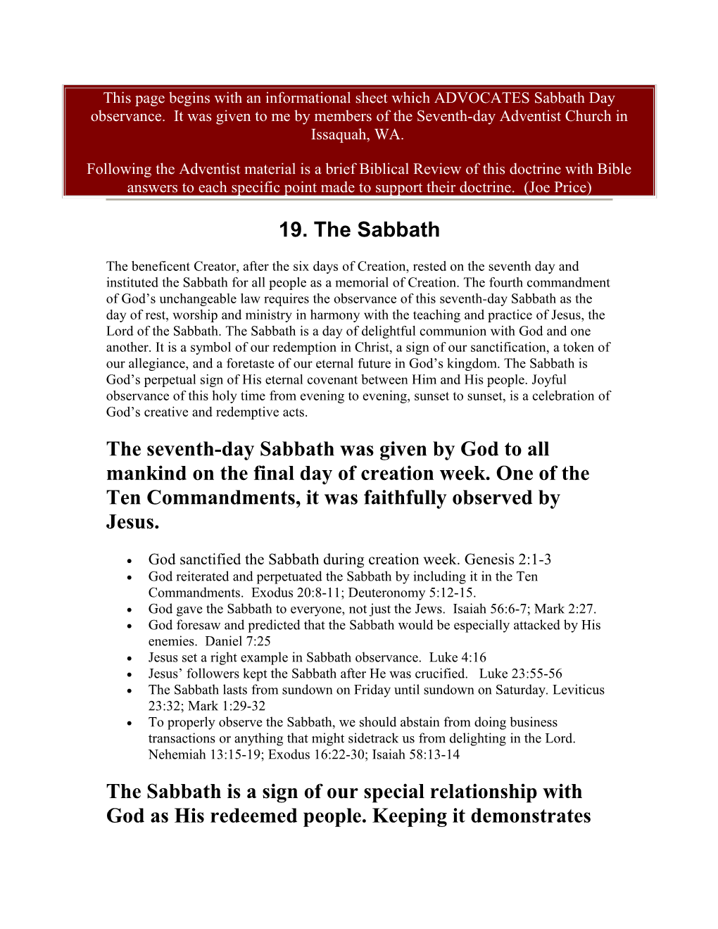 This Page Begins with an Informational Sheet Which ADVOCATES Sabbath Day Observance