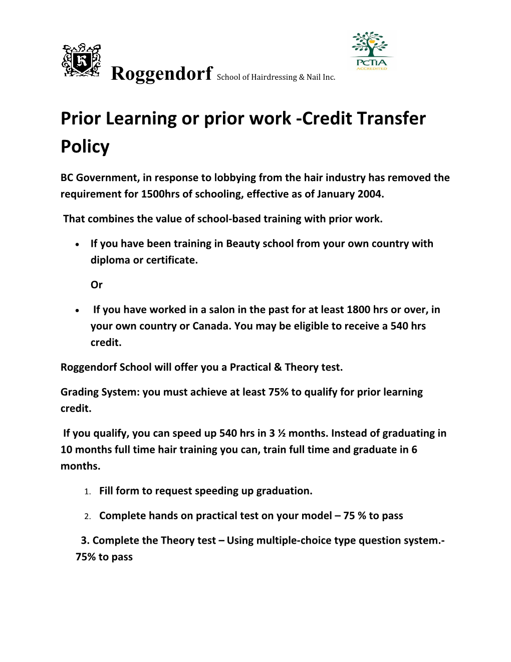 Prior Learning Or Prior Work -Credit Transfer Policy