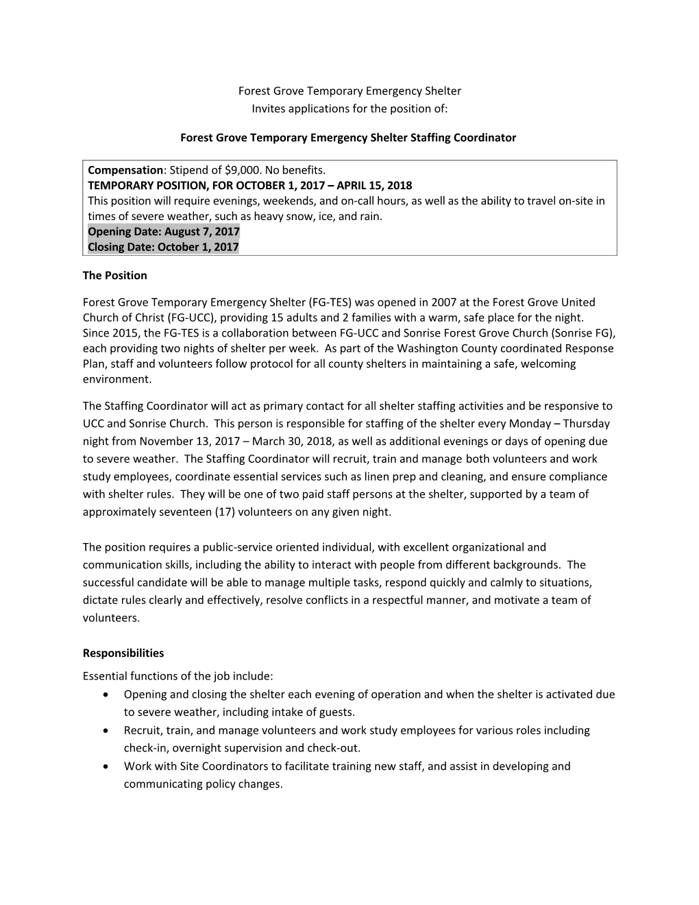 Forest Grove Temporary Emergency Shelter Staffing Coordinator Position Description