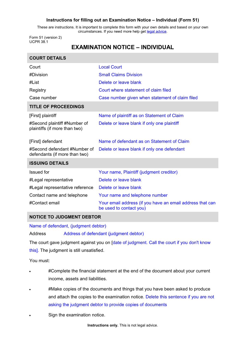 NSW UCPR Form 51 - Examination Notice - Individual