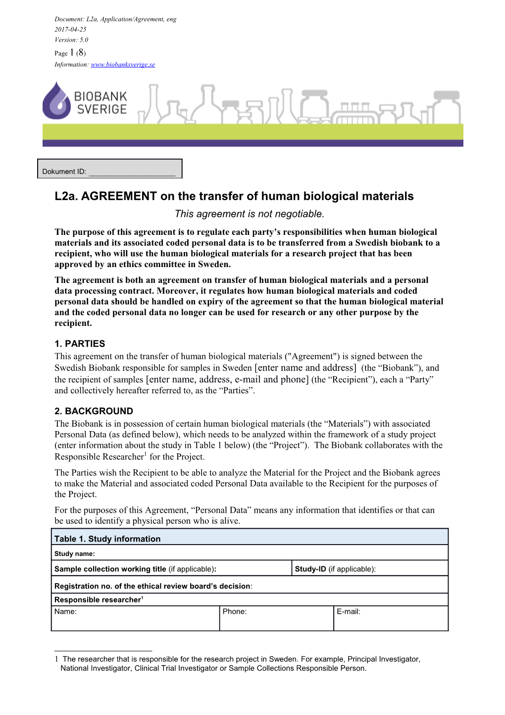 L2a. AGREEMENT on the Transfer of Human Biological Materials