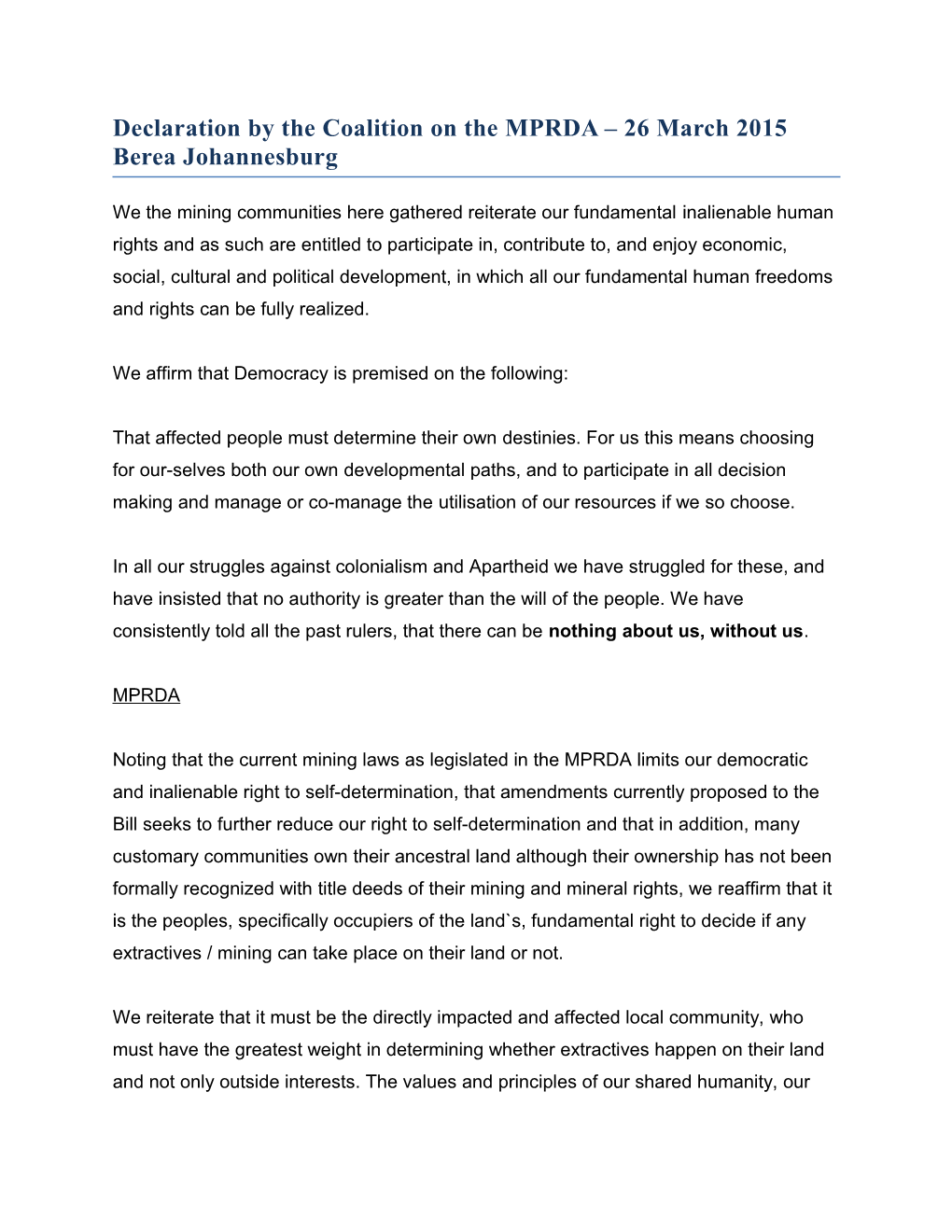 Declaration by the Coalition on the MPRDA 26 March 2015 Berea Johannesburg