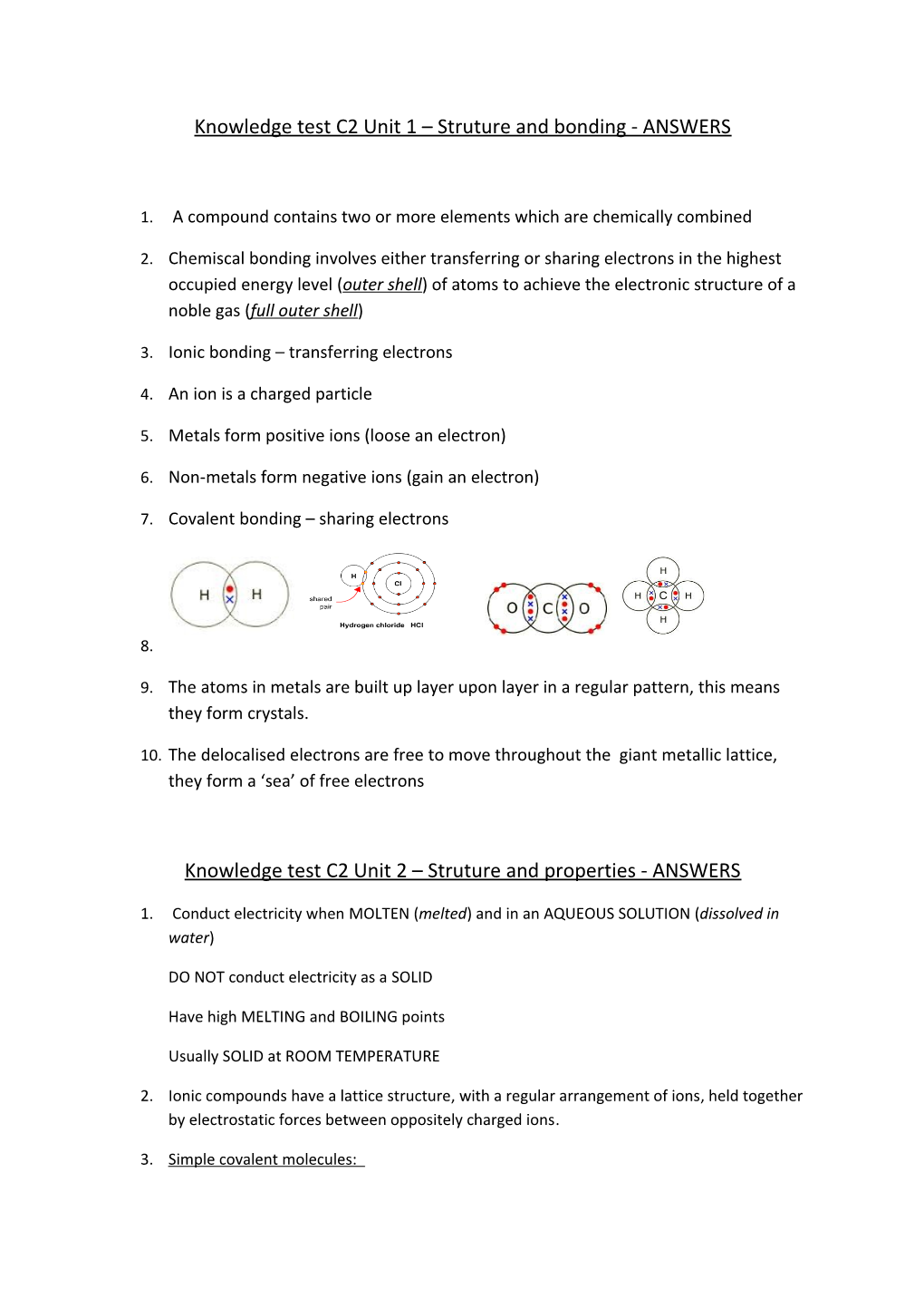 Knowledge Test C2 Unit 1 Struture and Bonding - ANSWERS