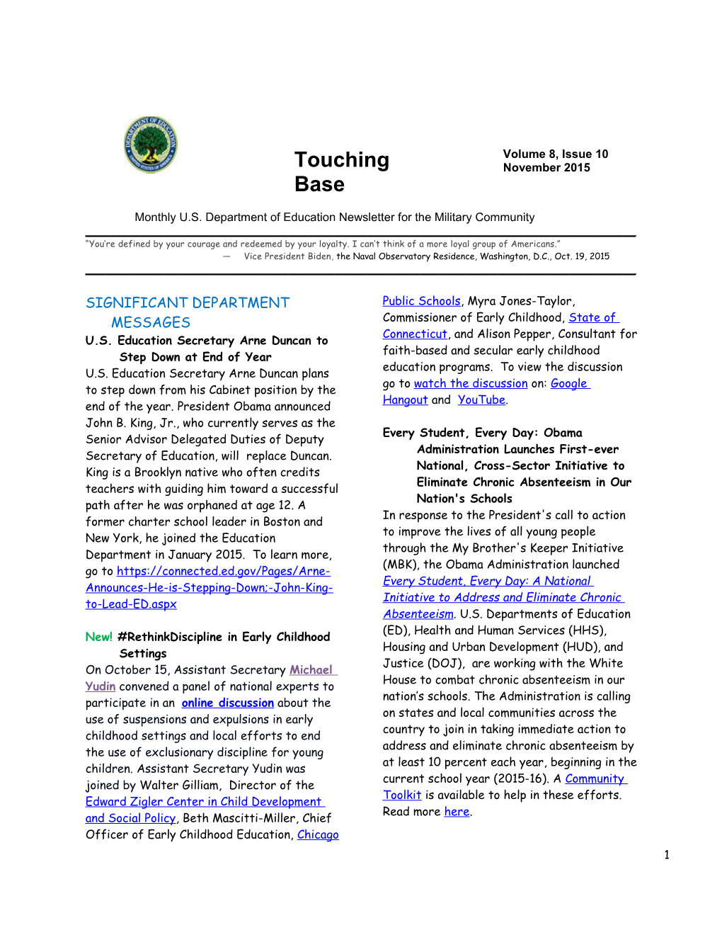 Touching Base, Volume 8, Issue 10 - November 2015 (MS Word)