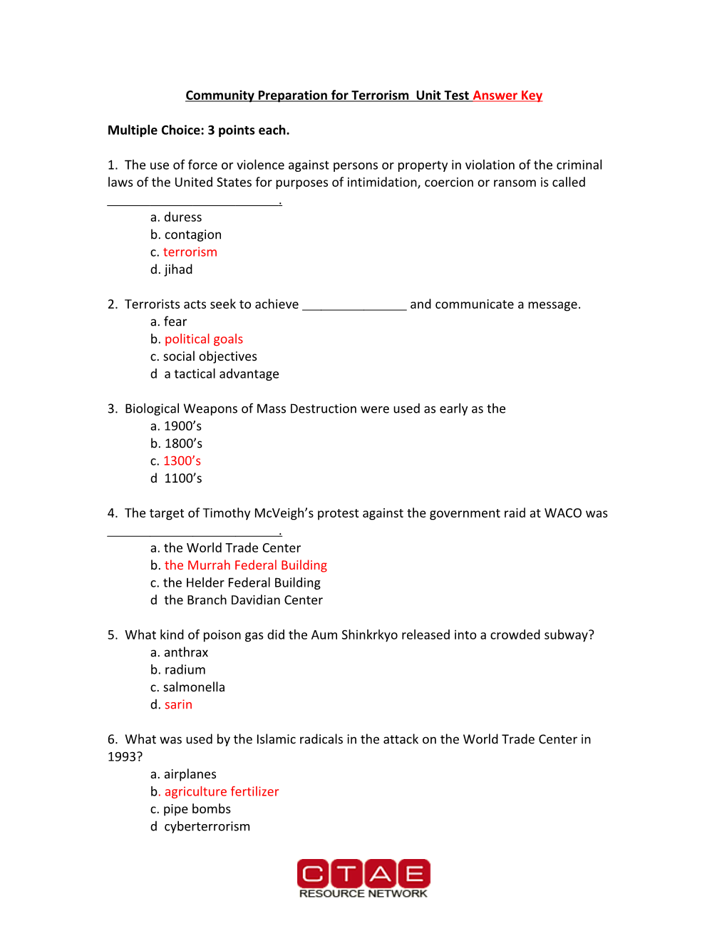 Community Preparation for Terrorism Unit Test Answer Key