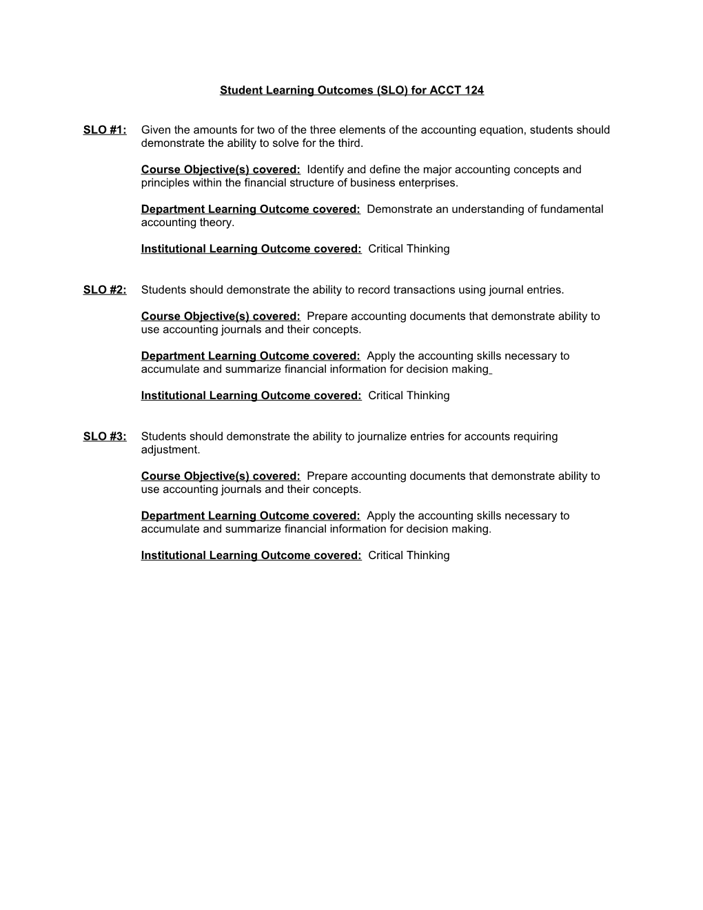 Student Learning Outcomes (SLO) for ACCT 124