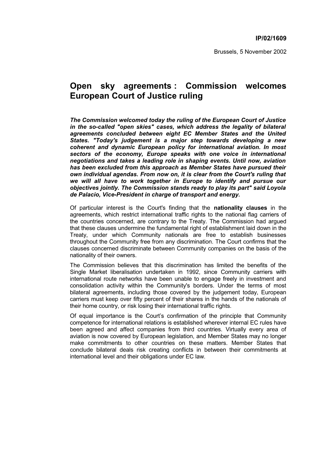Open Sky Agreements: Commission Welcomes European Court of Justice Ruling