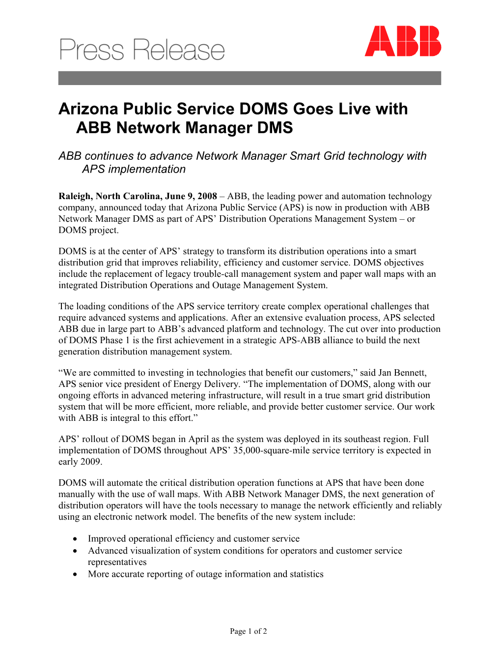 Arizona Public Service DOMS Goes Live with ABB Network Manager DMS