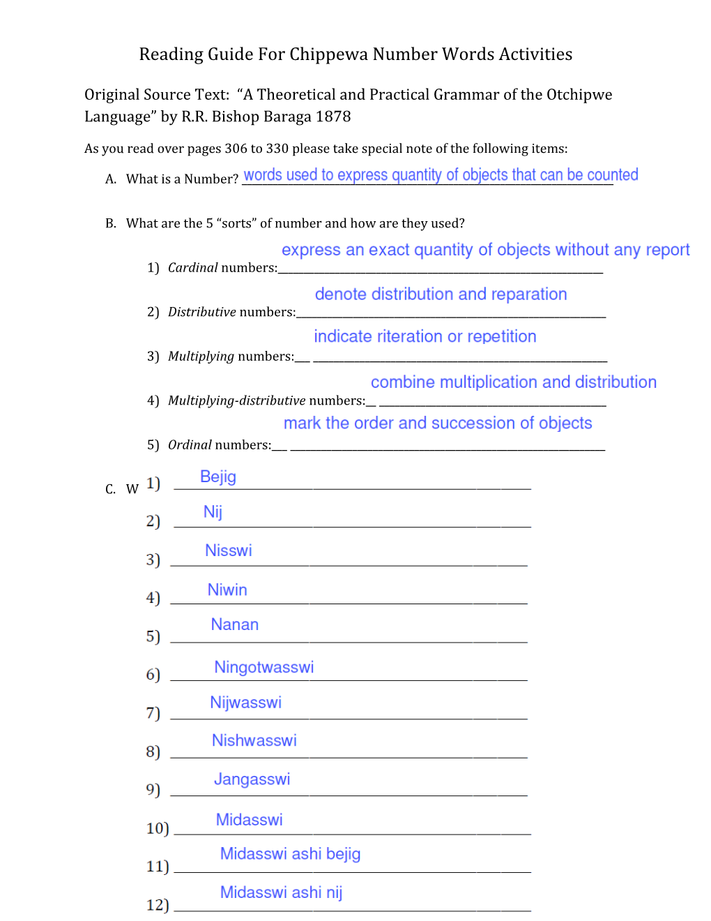 Reading Guide for Chippewa Number Words Activities