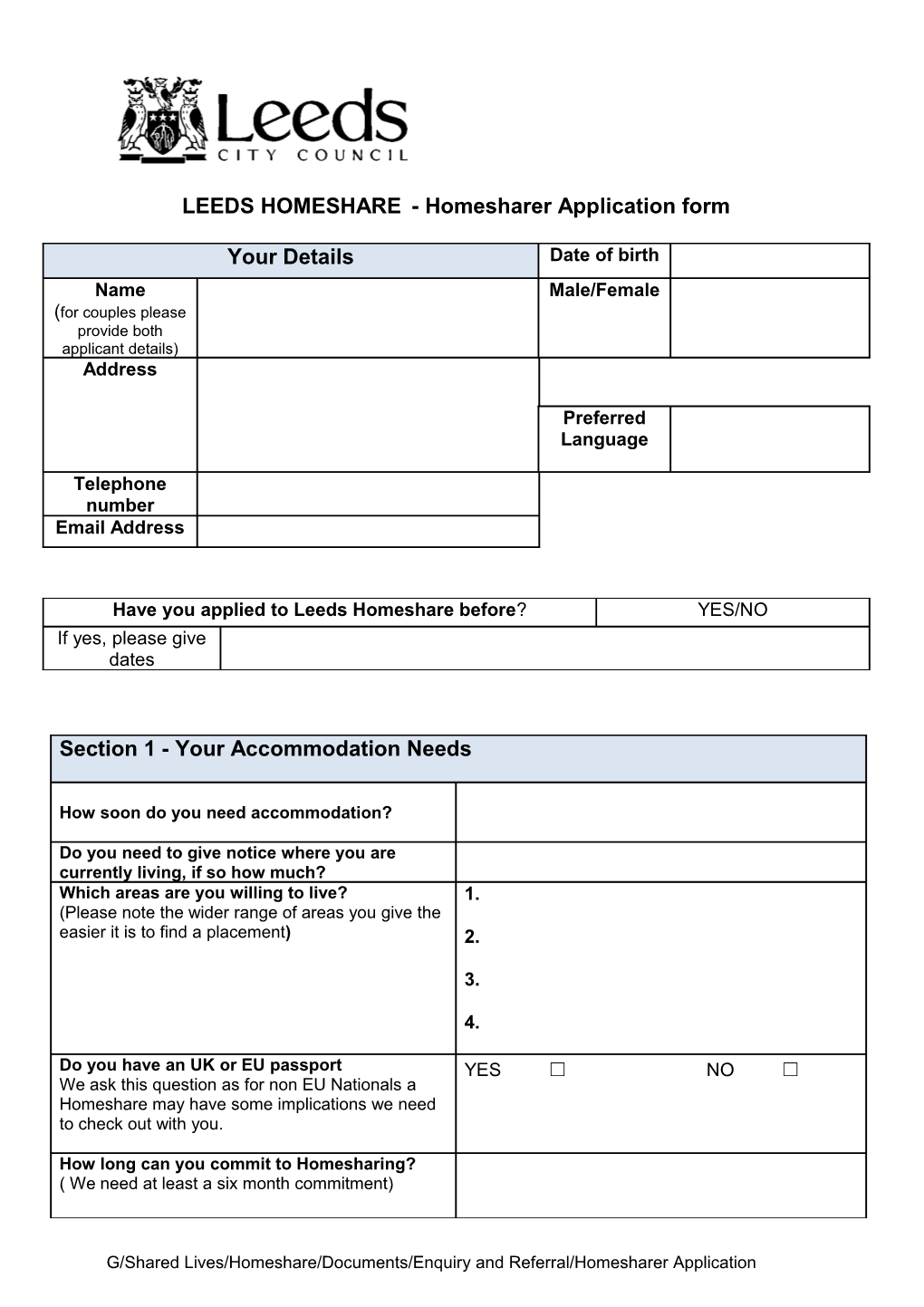 LEEDS HOMESHARE - Homesharer Application Form