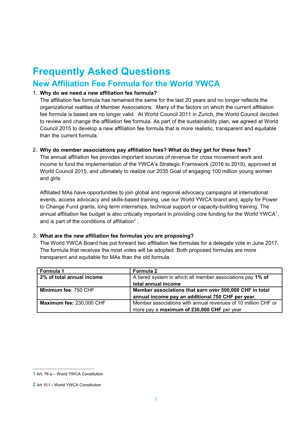 New Affiliation Fee Formula for the World YWCA