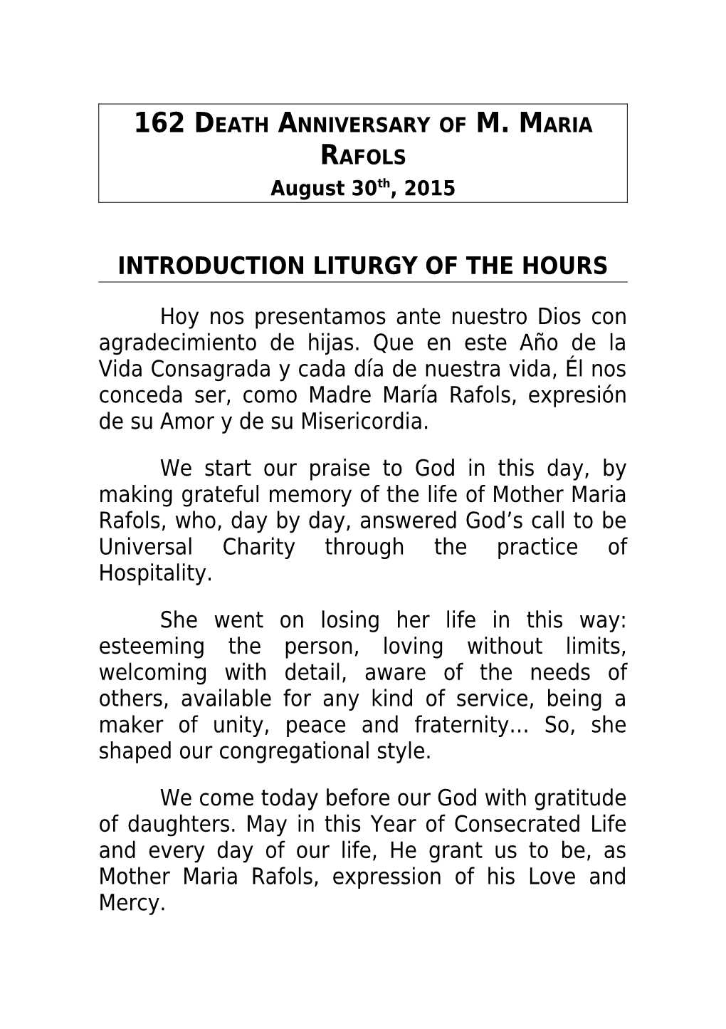 162 Death Anniversary of M. Maria Rafols