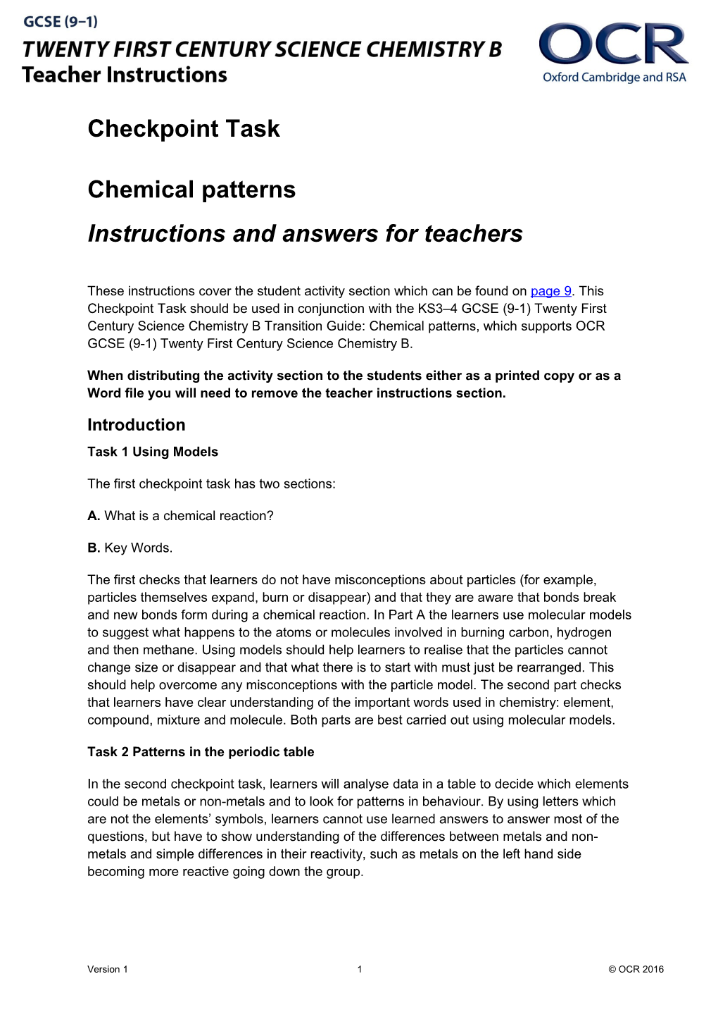 OCR GCSE (9-1) Twenty First Century Science Chemistry B Checkpoint Task - C2 Chemical Patterns