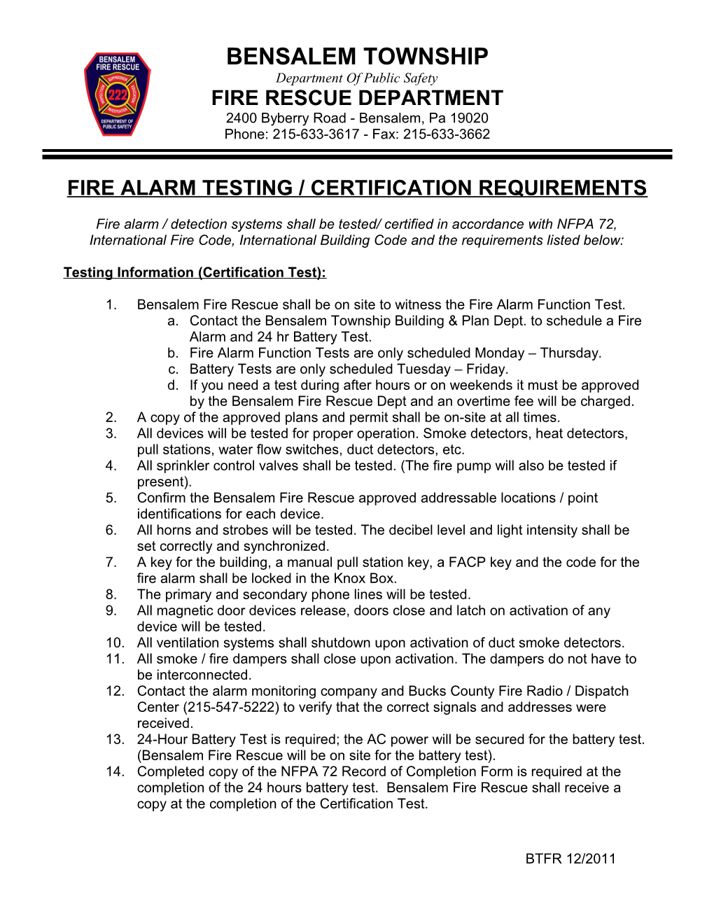 Fire Alarm Testing / Certification Requirements