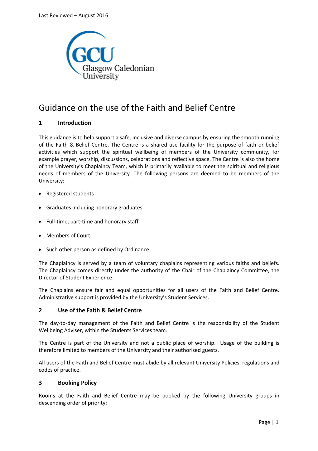 Guidance on the Use of the Faith and Belief Centre