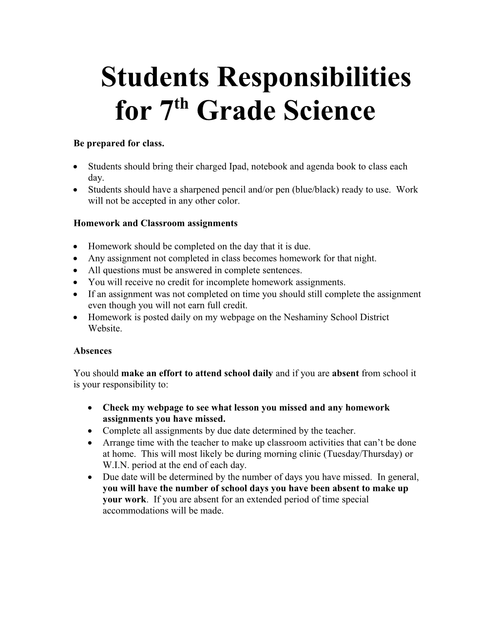 Students Responsibilities in Science Class