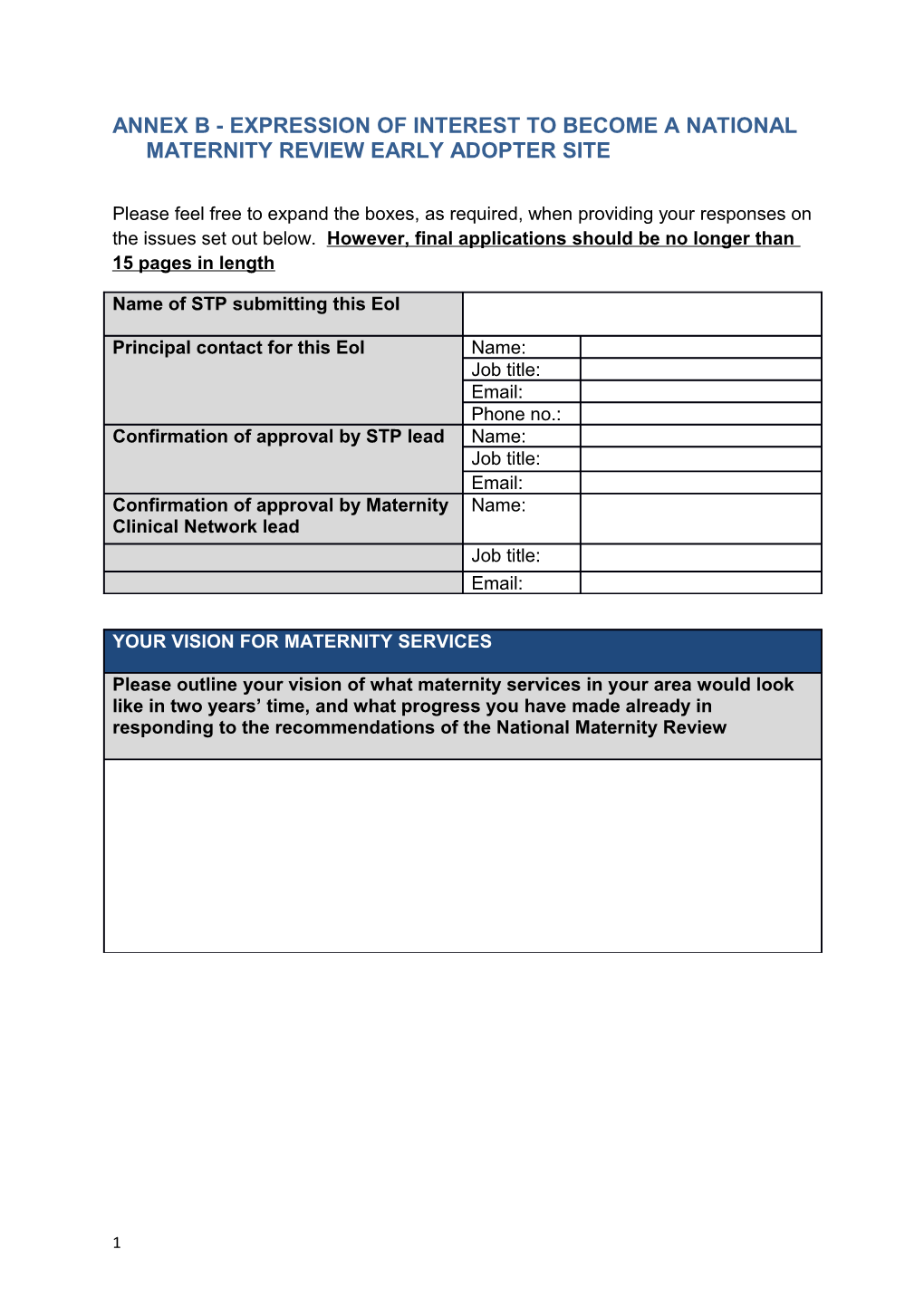 Annex B - Expression of Interest to Become a National Maternity Review Early Adopter Site