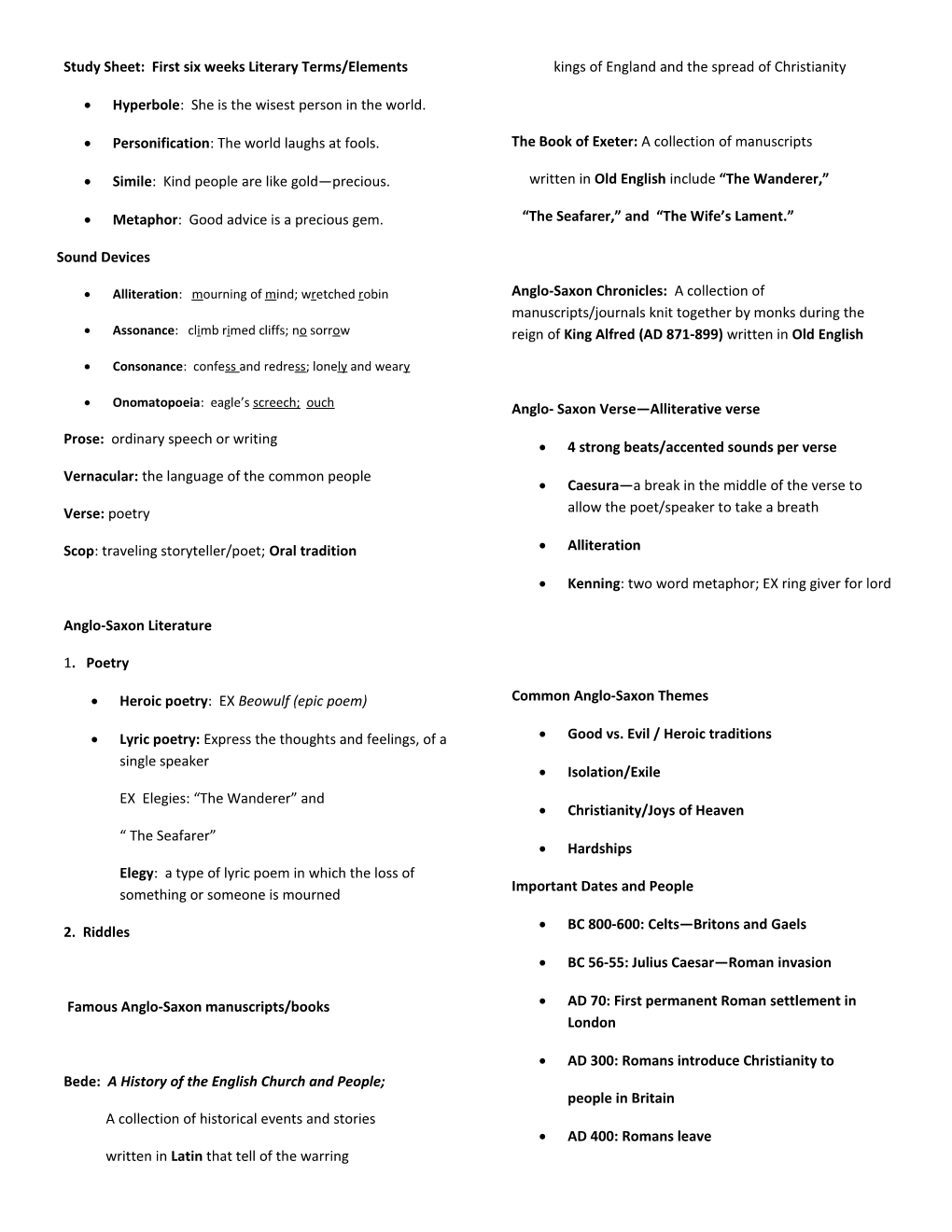Study Sheet: First Six Weeks Literary Terms/Elements