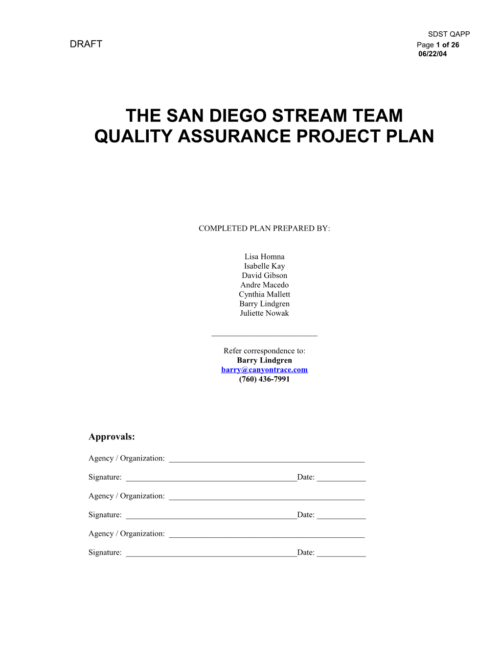 The San Diego Stream Team Quality Assurance Project Plan