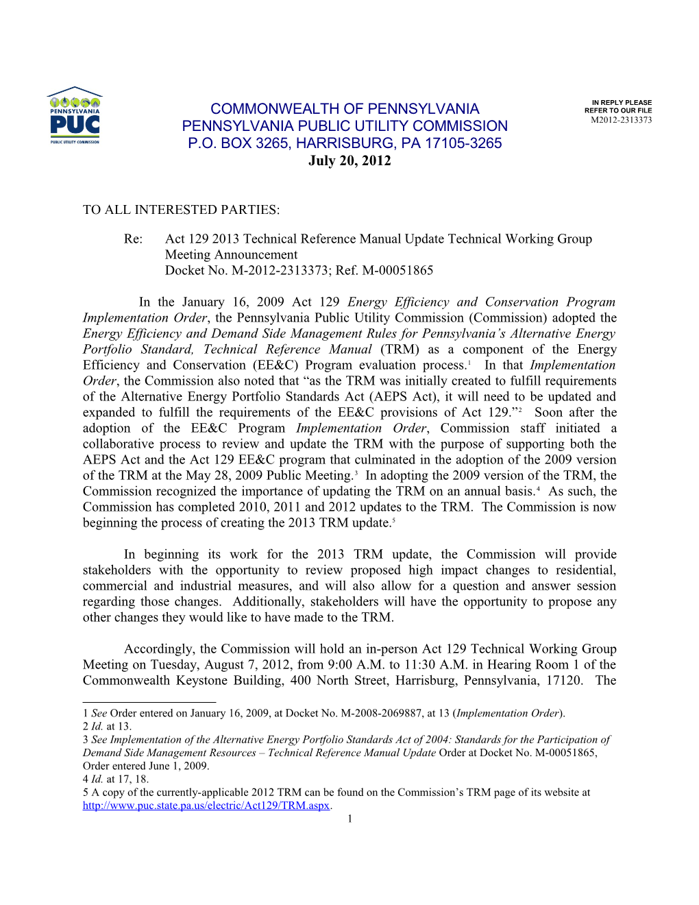 Re:Act 129 2013 Technical Reference Manual Updatetechnical Working Group Meeting Announcement
