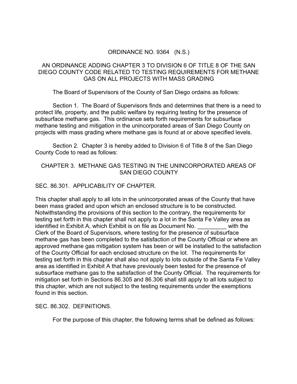 An Ordinance Requiring Testing for Methane Gas in the Santa Fe Valley Area