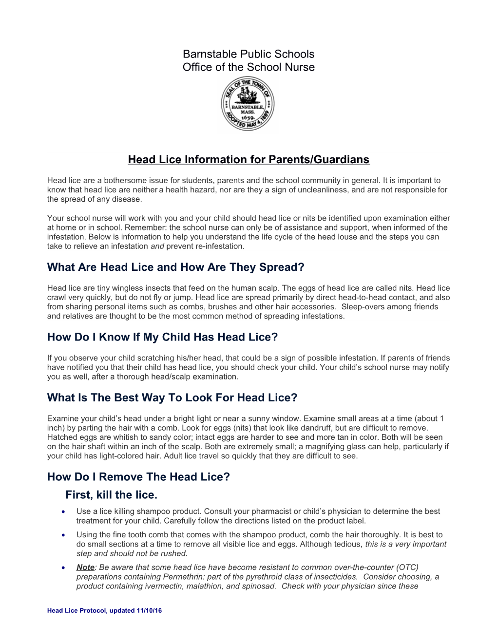 Head Lice Information for Parents/Guardians