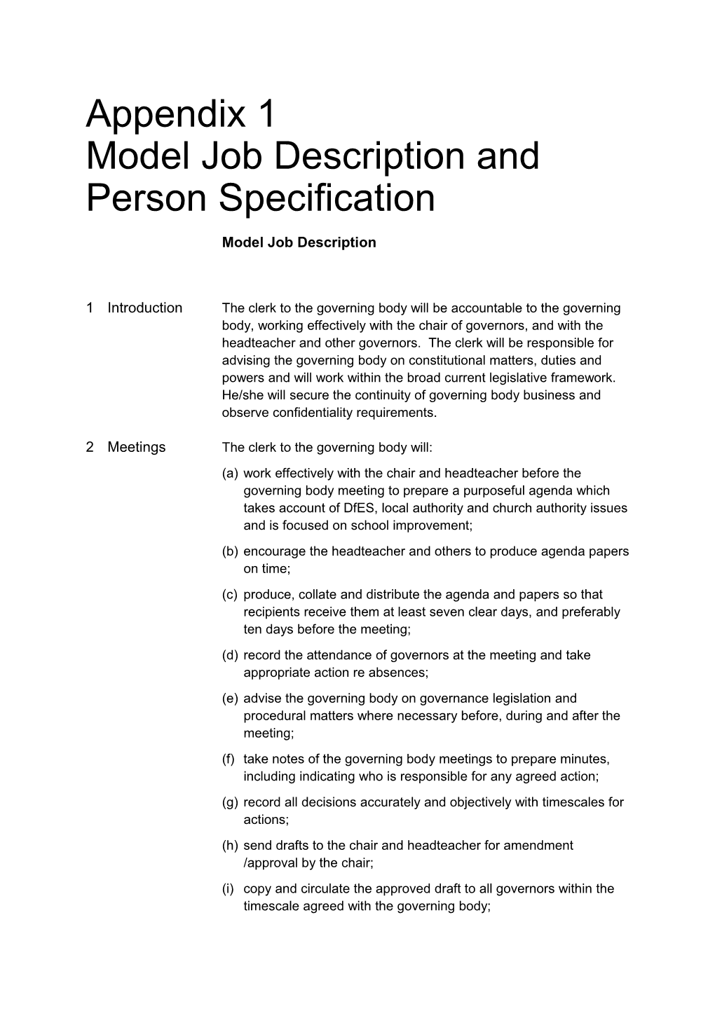 Model Job Description and Person Specification