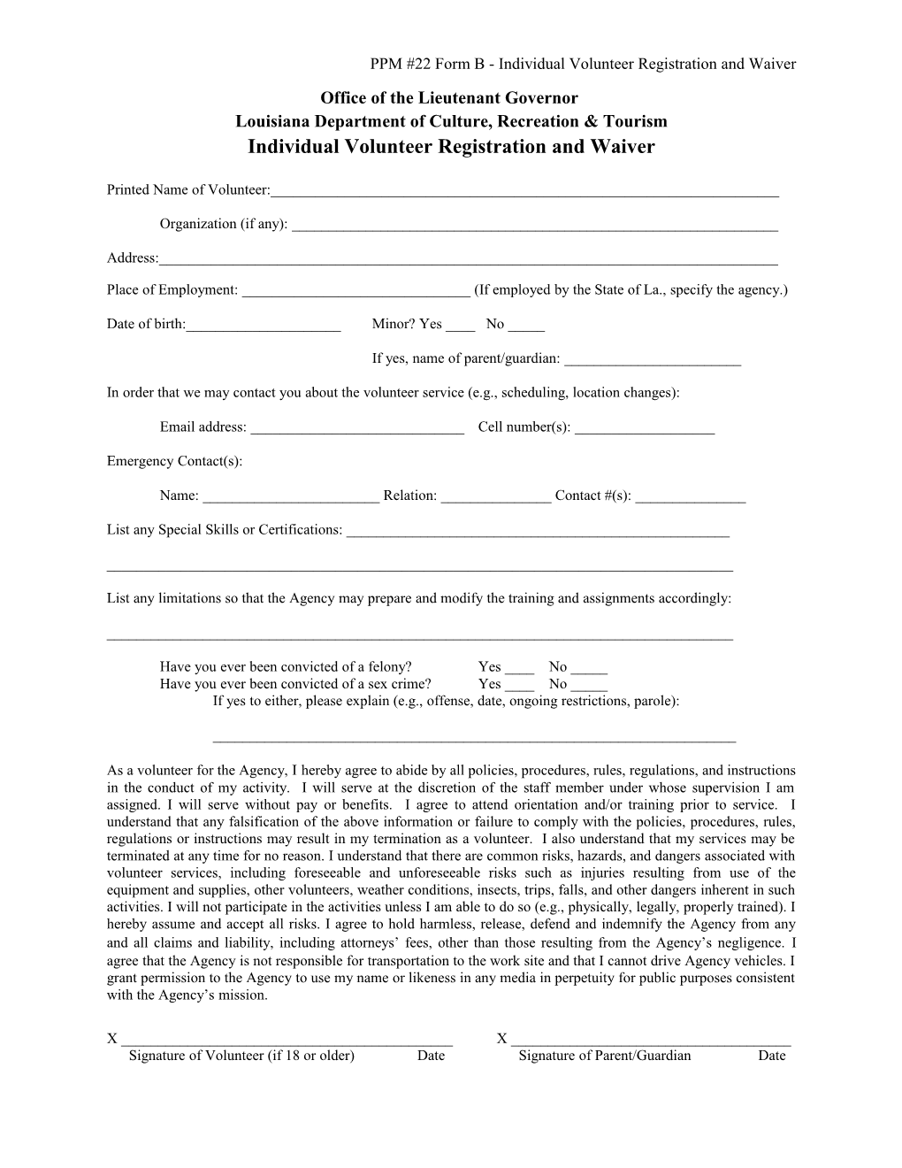 PPM #22 Form B - Individual Volunteer Registration and Waiver