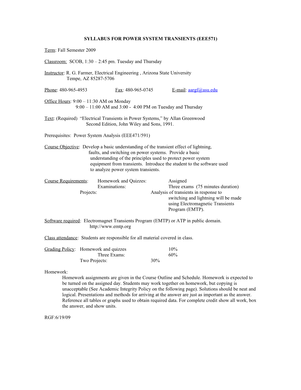 Syllabus for Power System Transients (Eee571)