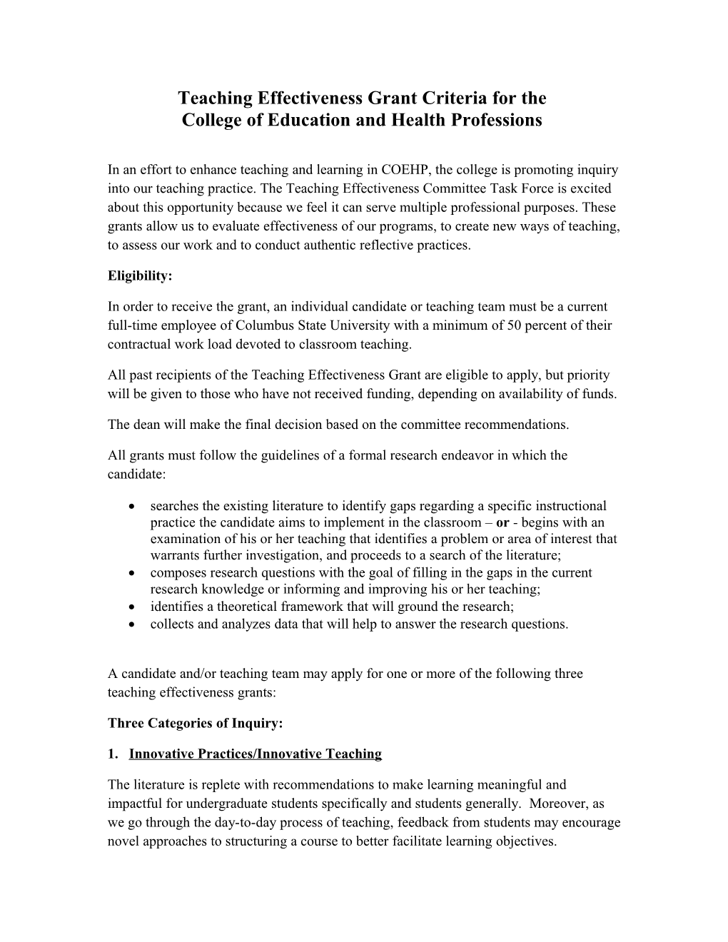 Teaching Effectiveness Grant(S) Criteria for The