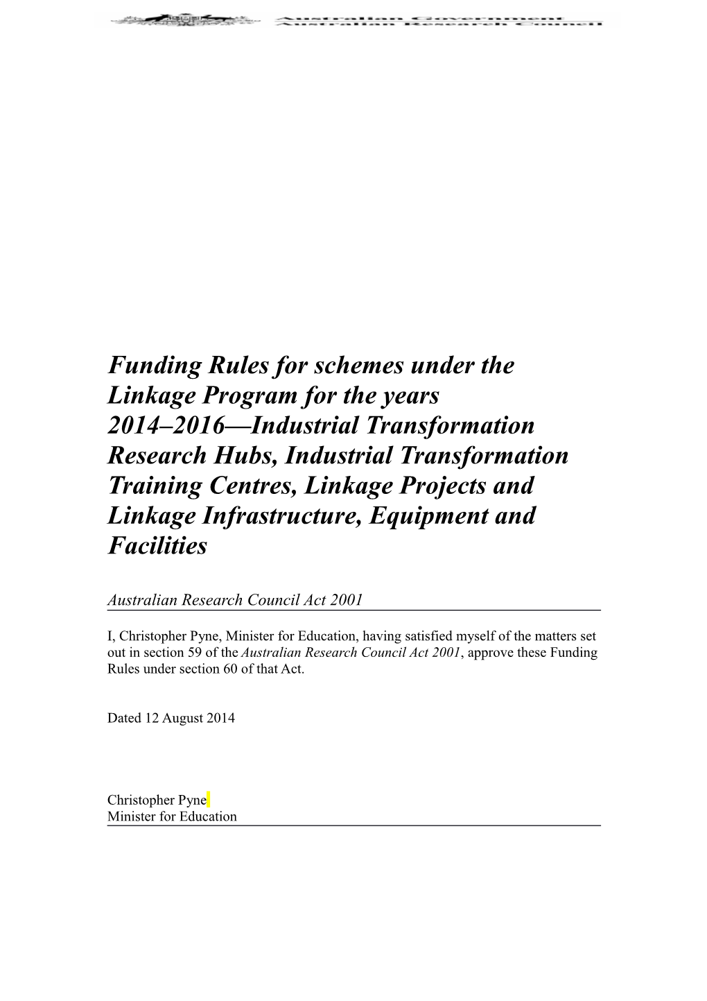 Funding Rules for Schemes Under Thelinkage Programfor the Years 2014 2016 Industrial