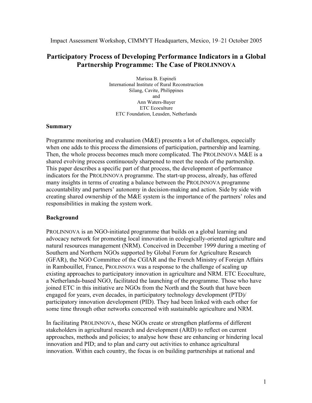 Participatory Process of Developing Performance Indicators in a Global Partnership Programme